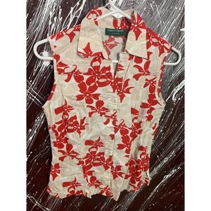 Vintage Lemon Grass Studio Red Floral Cotton Sleeveless Button Down Top Medium